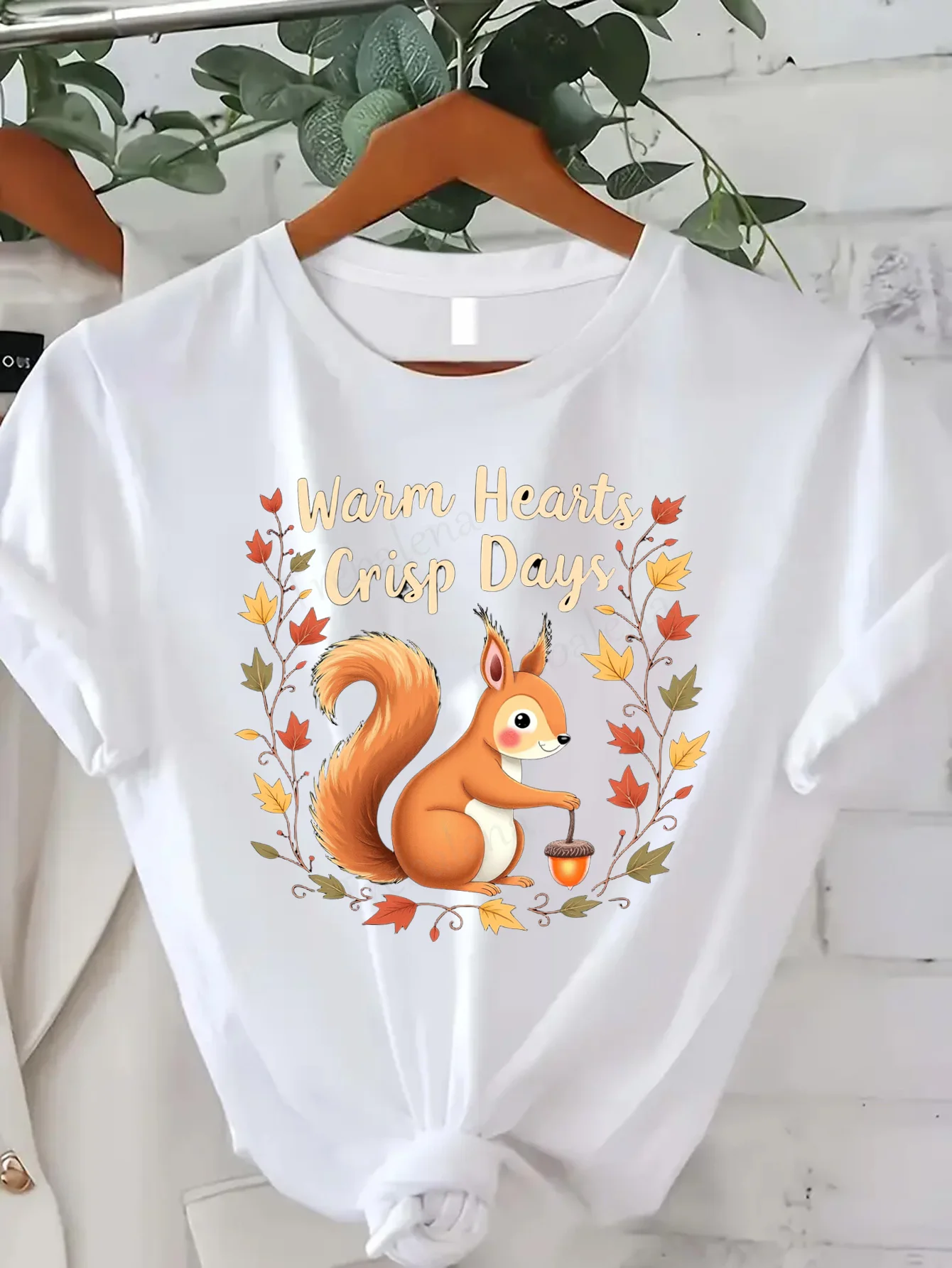 

Comfortable Women's Print T-shirt Autumn Squirrel "Warm Hearts Crisp Days" Graphic Tee for Women