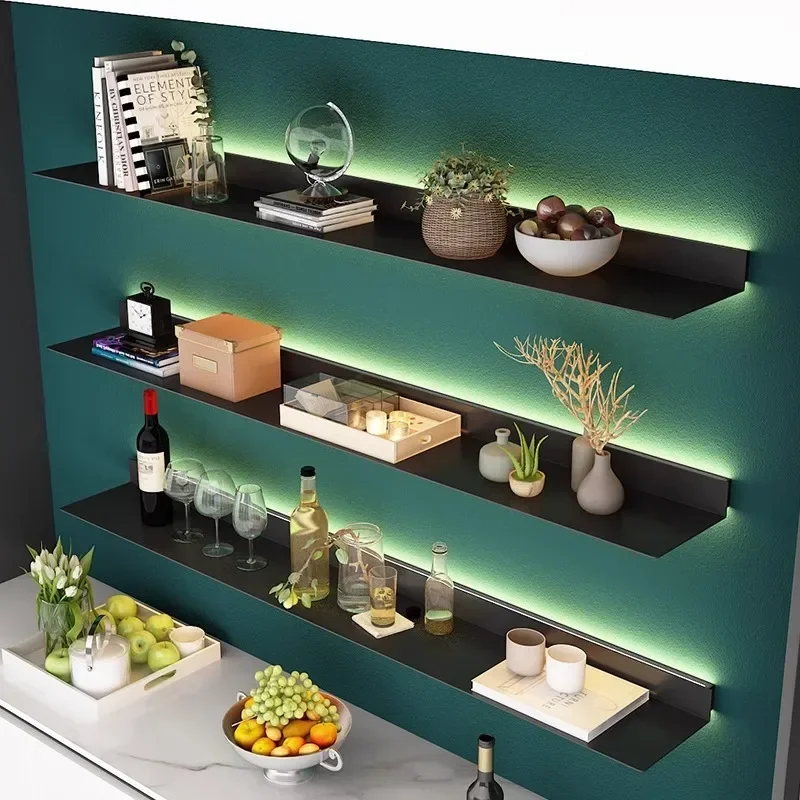 Iron Floating Wall Shelf Kitchen Storage Organizer Shelves Bathroom Display Stand Bedroom Plate Rack with Light Room Accessories