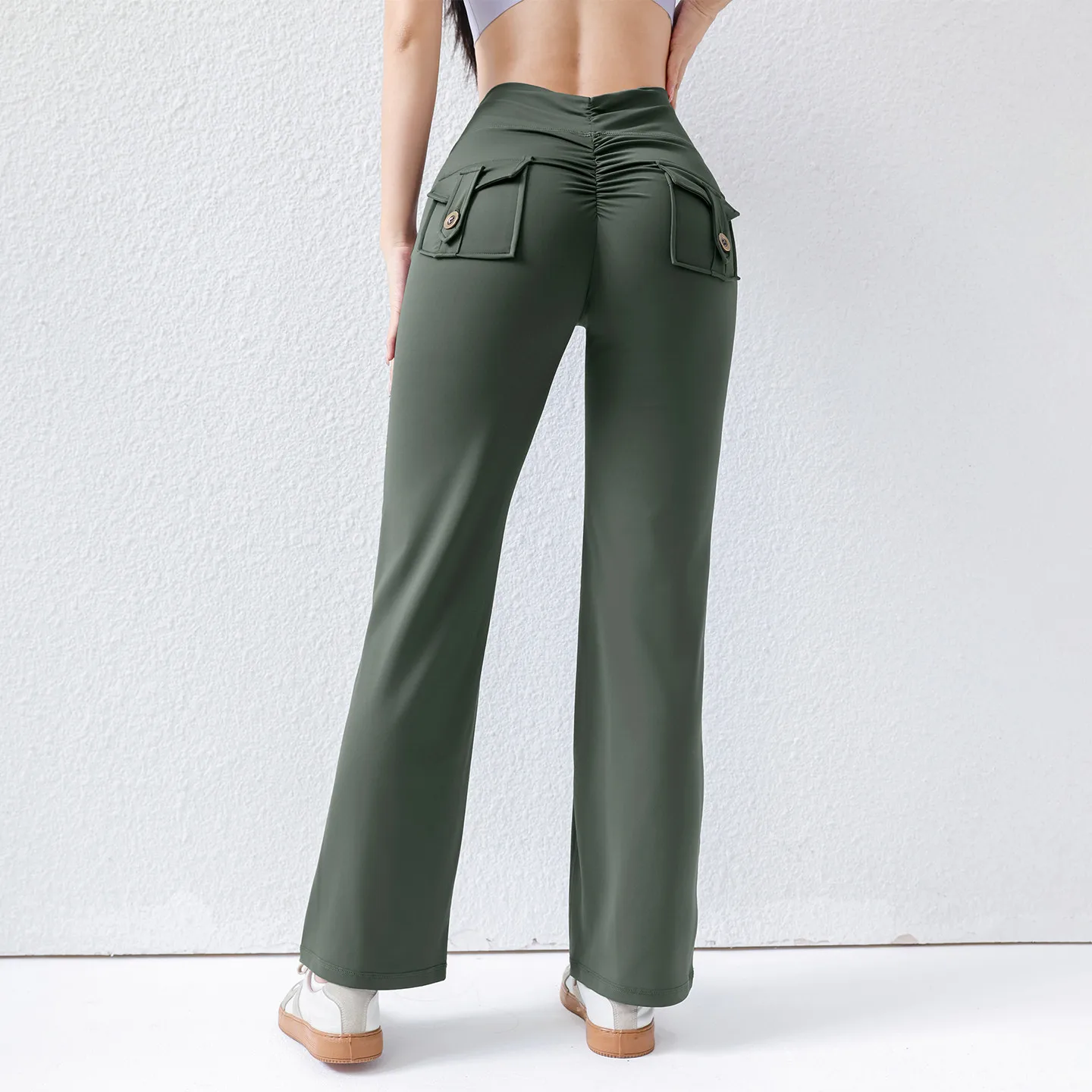 

Женские расклешенные брюки-карго с карманами для йоги, леггинсы персикового цвета с высокой талией, тренировочные брюки для микропопа для трансграничного тренажерного зала