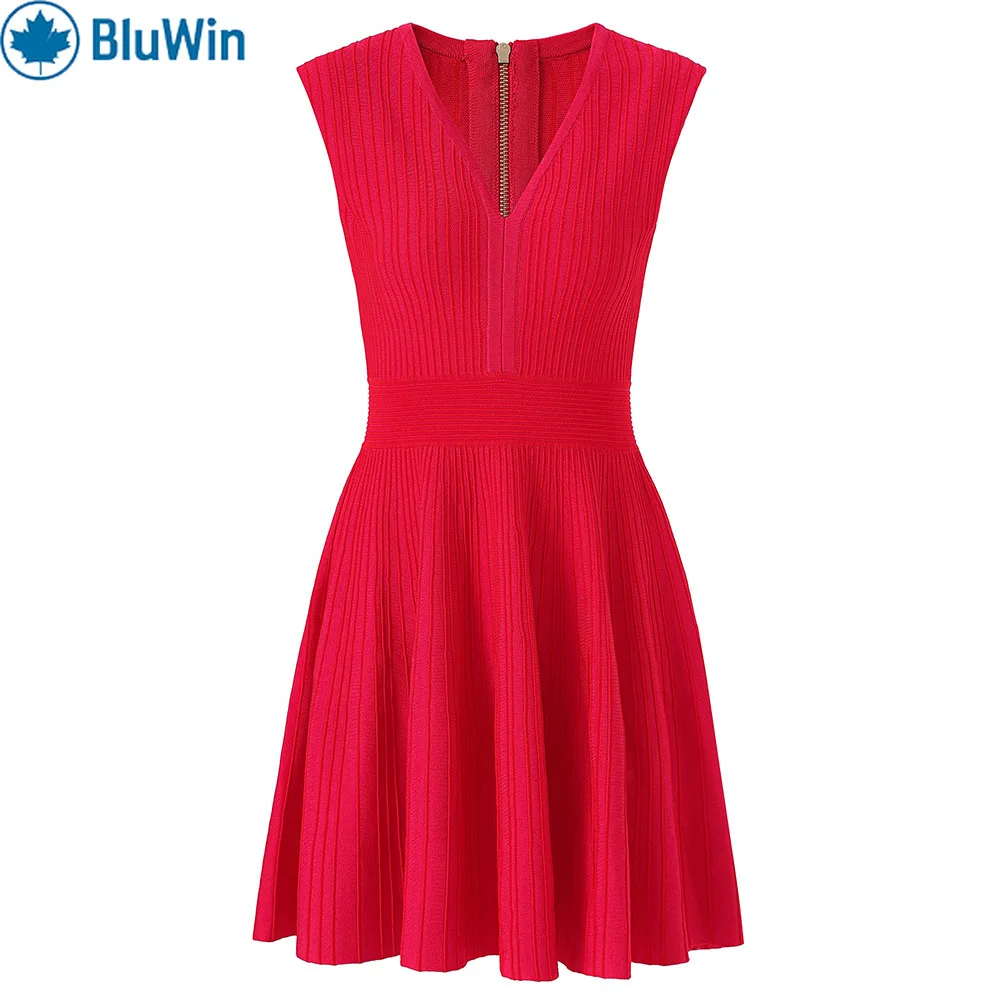 

BluWin Sleeveless Knit Skater Dress - V-Neck, Flare Hem, Party/Date