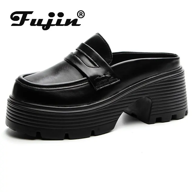 Fujin 7cm Genuine Leather Fashion Height Increasing Ladies Casual Platform Wedge Fashion Slippers Women Slip on Females Shoes