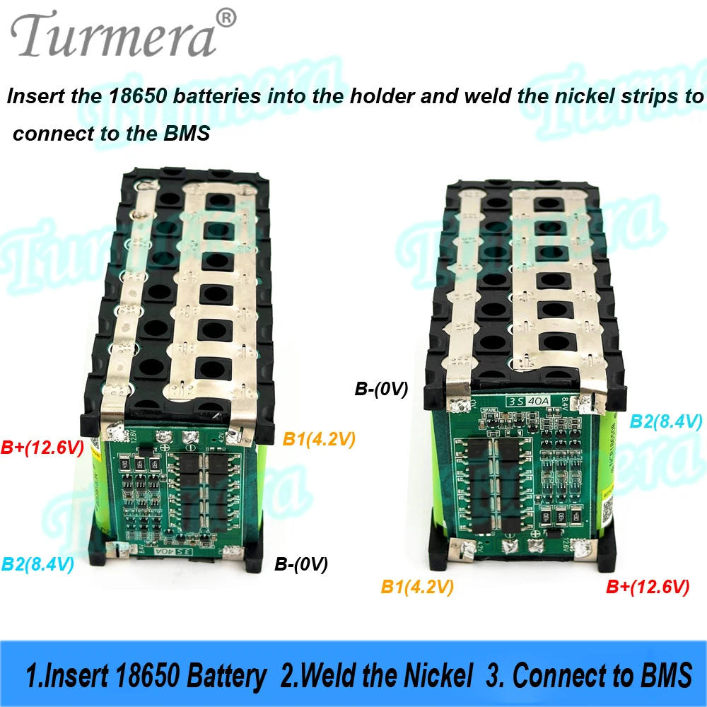 Turmera 12V Battery Empty Box 2A Charger 3X7 18650 Battery Holder 3S 40A Balance BMS Weld Nickel  for Replace 12V Lead-Acid Use