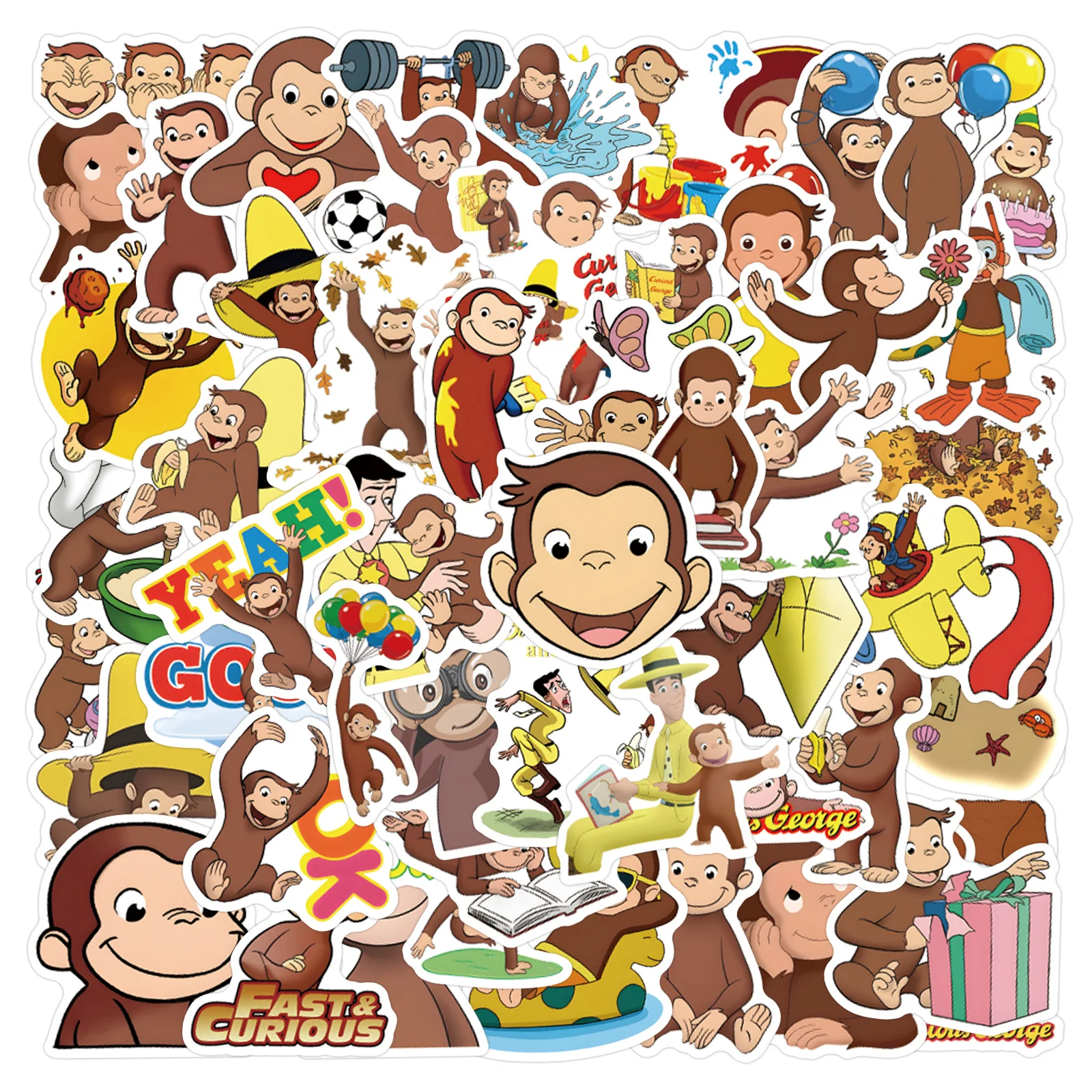 60Pcs Cute Curious George Stickers Monkey Vinyl Waterproof for Laptop Phone Case Notebook Water Bottle Toy DIY Decor Sticker