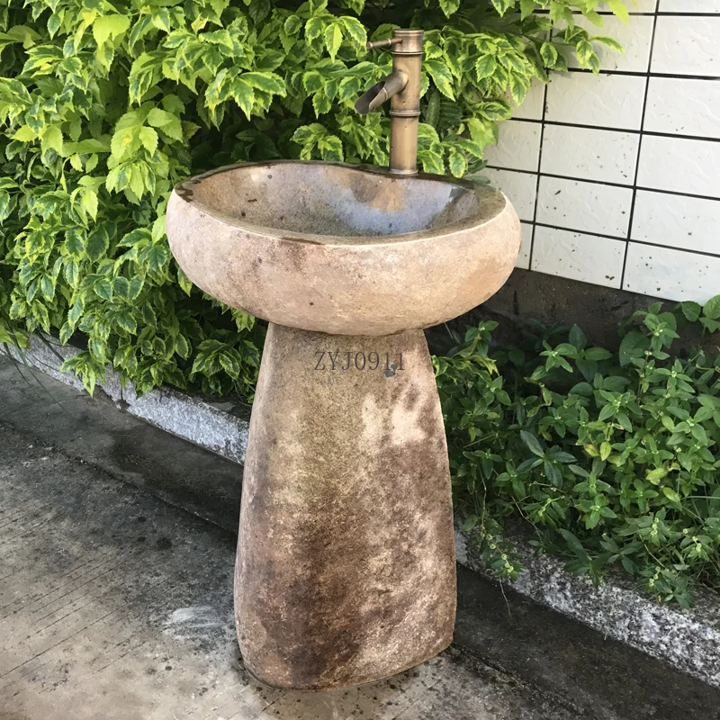 Natural Stone Wash Basin Integrated Balcony Outdoor Wash Basin Courtyard Column Washbasin Antique Outdoor Pool