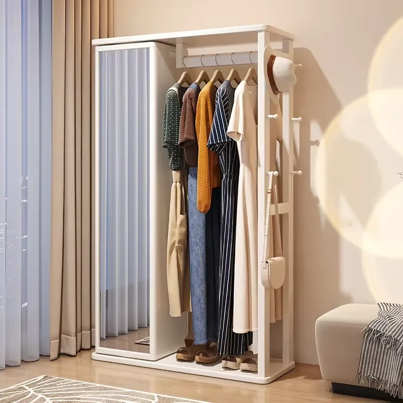 Rotatable Wooden Coat Rack with Full-body Mirror, One-piece Floor-standing Wardrobe for Home Use