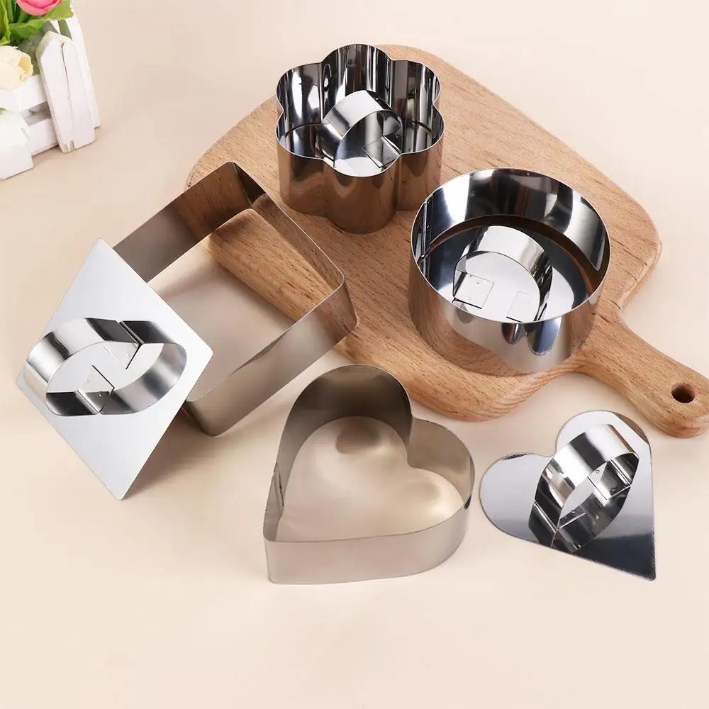 With Push Plate Mousse Ring Manual Stainless Steel Pancake Mould Round Square Flower Heart Shape Hand Pressed Cupcake Mold