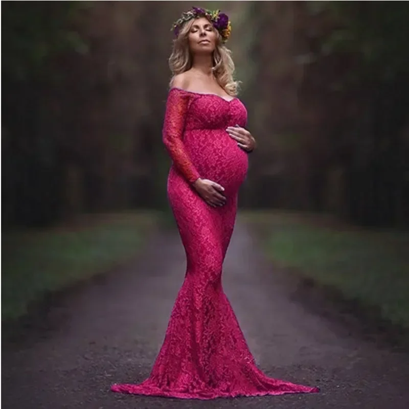 

Mermaid Maternity Dresses For Photo Shoot Lace Maxi Maternity Gown Off Shoulder Sexy Women Pregnancy Dress Photography Prop