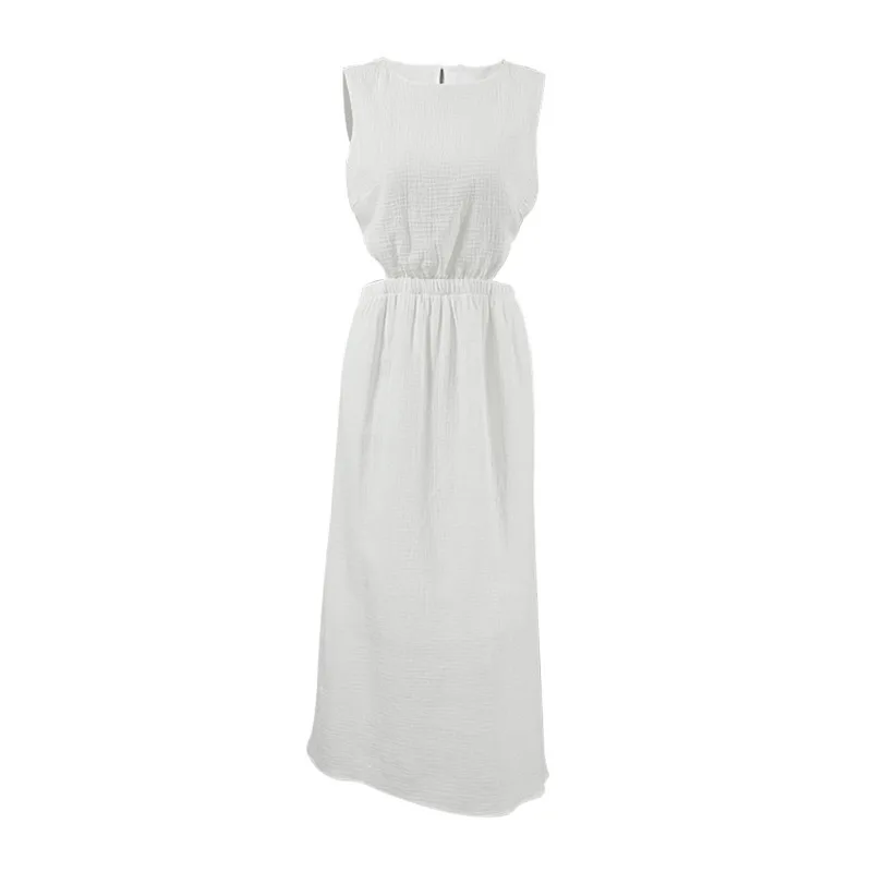 

Elegant Dresses Women Sleeveless O Neck Hollow Out White Long Dress 2024 Summer Casual Cotton Fashion Party Dress Solid