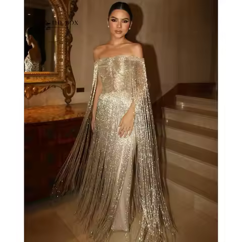 ROSEINTHEBOX Customize Glitter Tassel Evening Dresses Boat Neck فساتين سهرة فخمة ٢٠٢٥ Bodice Cocktail Dress