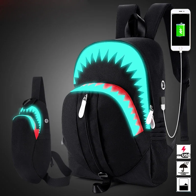 

Men Fashion USB Charging Laptop Backpack Night Luminous Shark School Bag Male Chest Bag Travel Bag For Teenagers