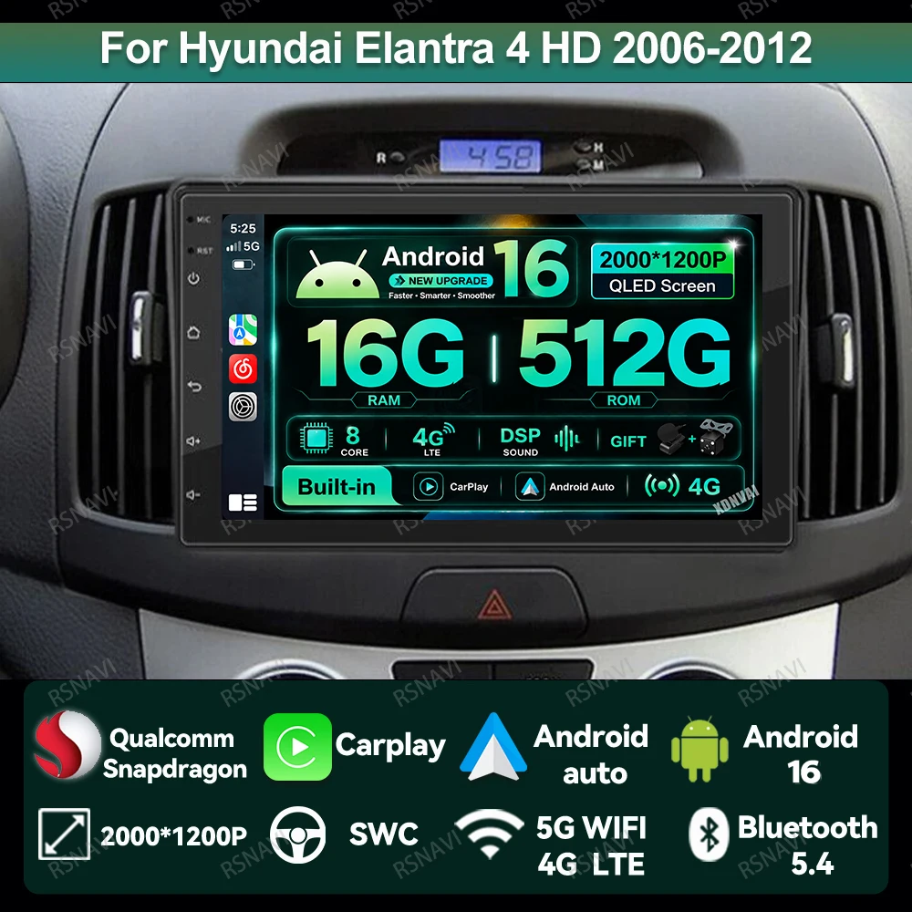 Car Radio Android 16 For Hyundai Elantra 4 HD 2006-2012 WIFI+4G 8 Core Multimedia Stereo 9/10 Inch Head Unit IPS Autoradio DSP