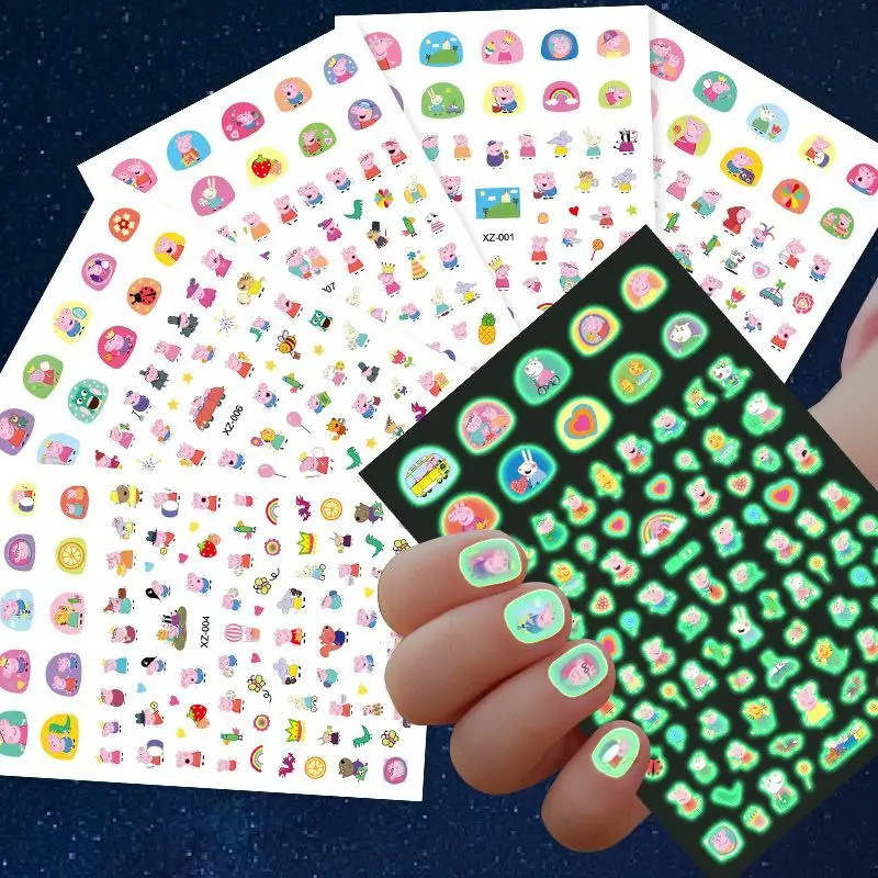2-6pcs Peppa Pig Luminous Nail Stickers Cartoon Nail Decals Cute Fun Toy Decor Stickers for Girls, Phone Cases, Wall Stickers