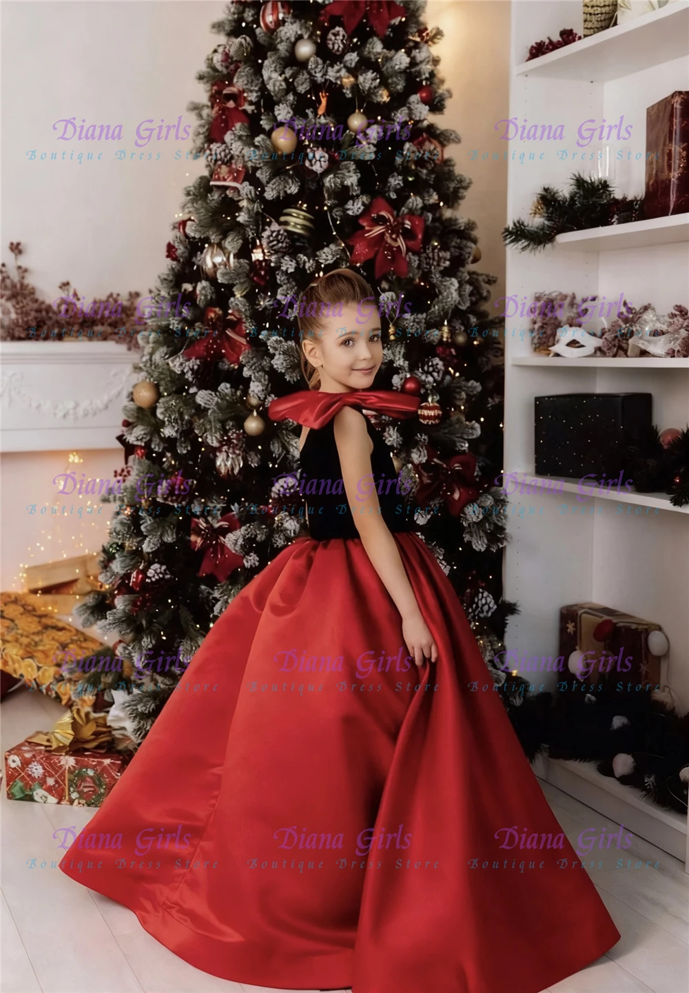 

Christmas New Elegant Quality Exquisite Red Satin Fluffy with Big Bow Flower Girl Dress for Kids Birthday Party Evening Gowns