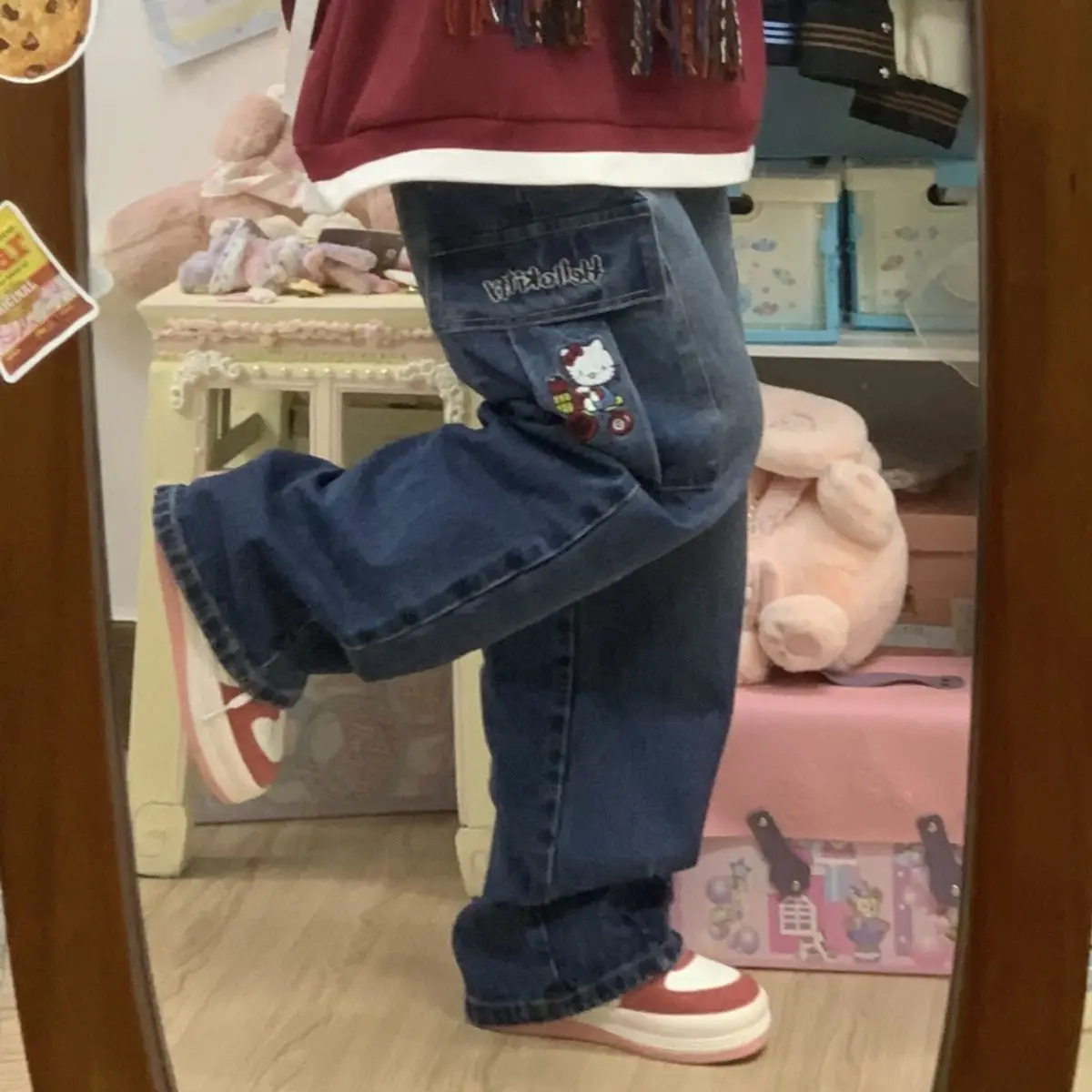 Anime Sanrio Hallo Kitty Y2k Denim Frauen Jeans Hoodies weites Bein Hosen Streetwear Vintage Hosen weibliche gerade Freizeit hose