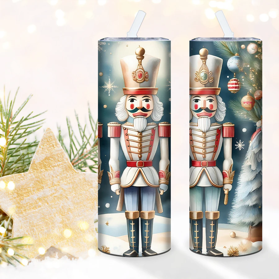 Print 3D Christmas Party Nutcracker Straight Tumblers Straw Lid 1Pc Stainless Insulated Coffee Mugs Winter Holiday Party Gifts