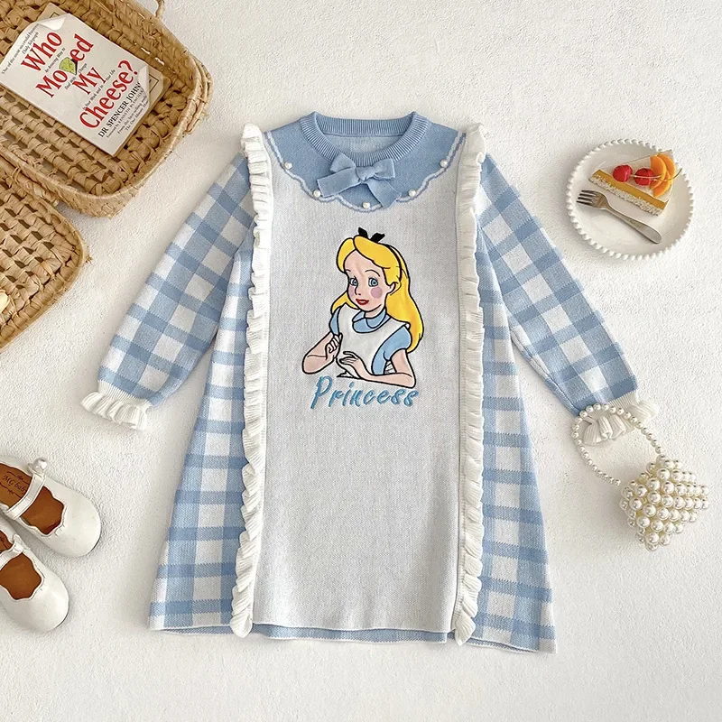 Boutique Kids Clothes Baby Girls Dress Cute Bow Alice Princess Pearl Lace Knitted Dress Blue Plaid Sweater Dress 100% Cotton