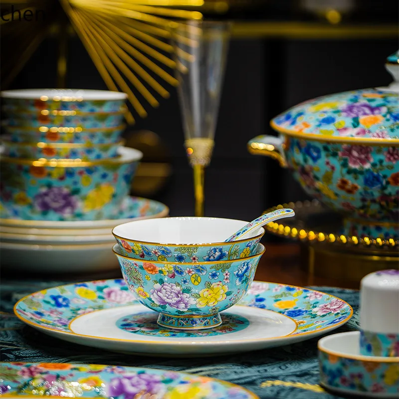 CZ Bone China Dinnerware Set Household Bowl Plate Set Chinese Style Housewarming Wedding Gift