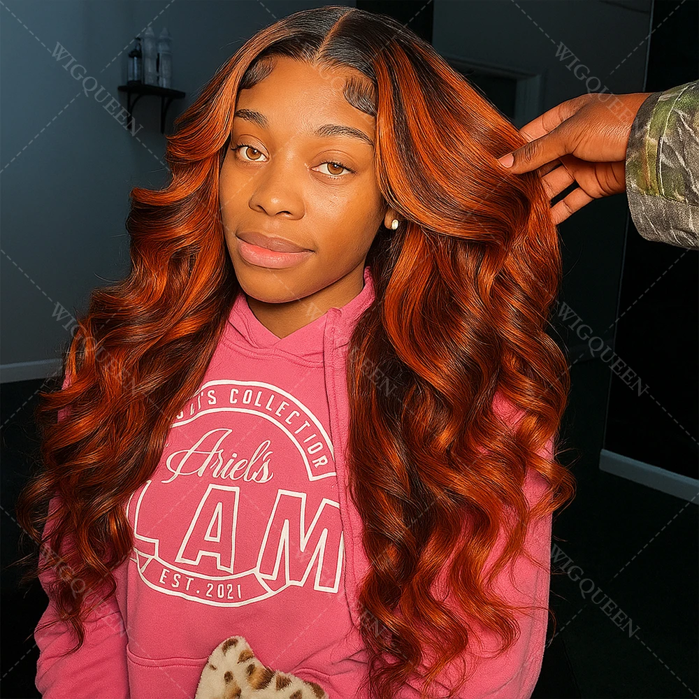 

# 4/350 Balayage Рыжий Коричневый Выделенный 5x5 Кружевной Фронтальный Бесклеевой Парик Человеческие Волосы Предварительно Срезанные Без Шелка Ombre Красный Медь Объемные Волны Парики