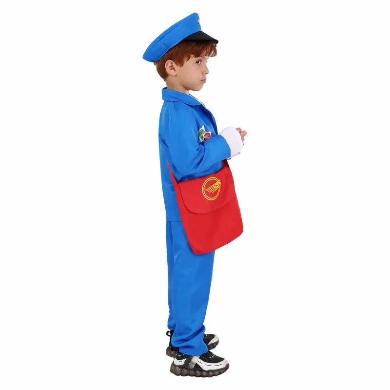 WU01 Kids Delivery Man Postman Cosplay Blue Uniform Boys Girls Mailman Halloween Cosplay Costumes Purim Carnival PerformancJk5*！