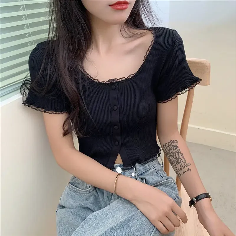 Woman TShirts Women\'s Knitted Short-Sleeved  Skinny Short Summer White Top Crop Top Mujer Camisetas