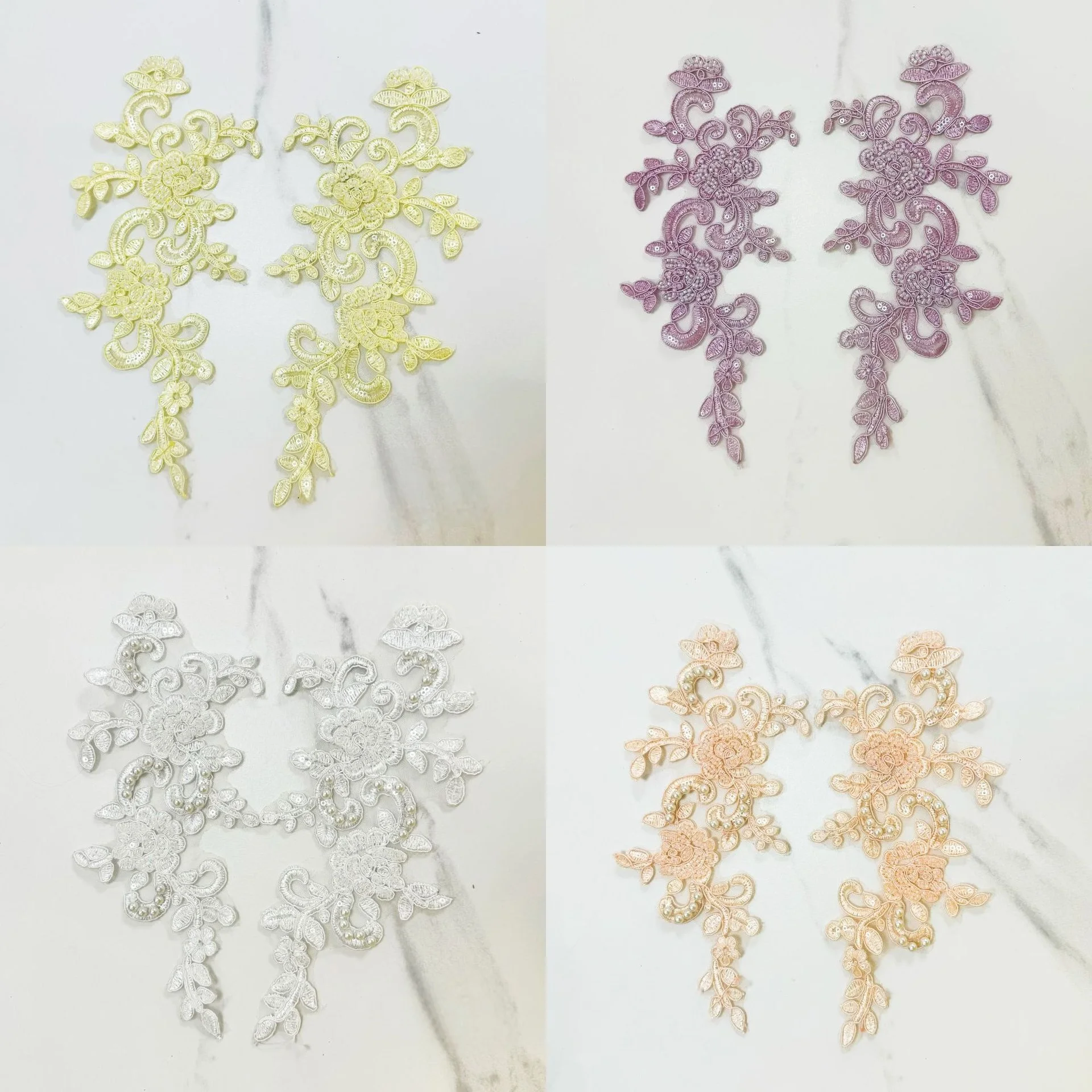 Adorno de encaje bordado de tul, adornos de perlas, patrón combinado, Material aplicado Floral térmico con cuentas pesadas a mano