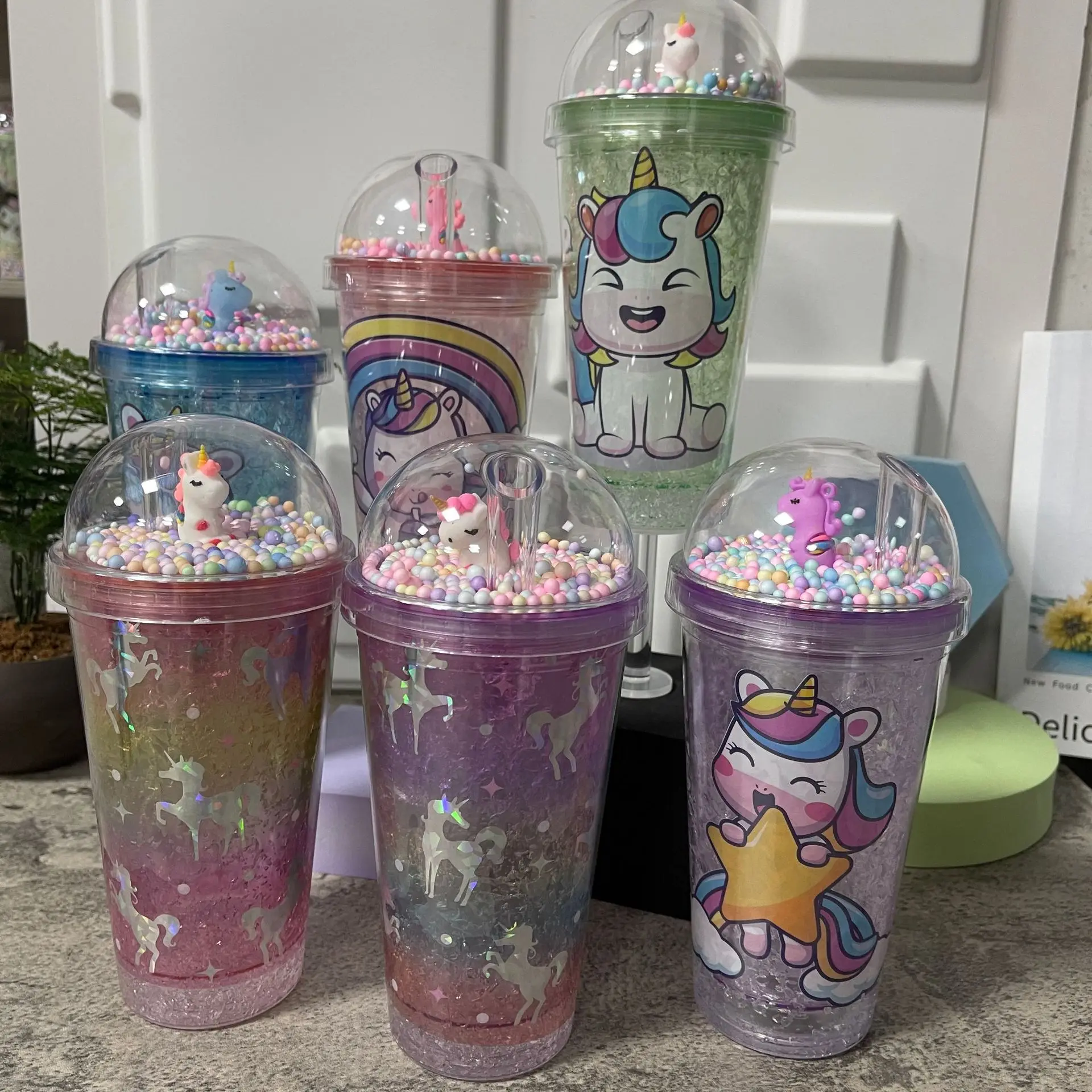New High-value Unicorn Straw Cup,Portable Cartoon Plastic Water Cups, Double-layer Glitter Crushed Ice Cup, Holiday Gift Tea Cup