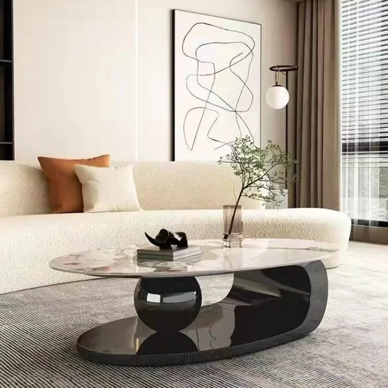 

Light Luxury and Minimalist Rock Plate Oval Stainless Steel Titanium Plated Tea Table Set of Living Room Small Unit