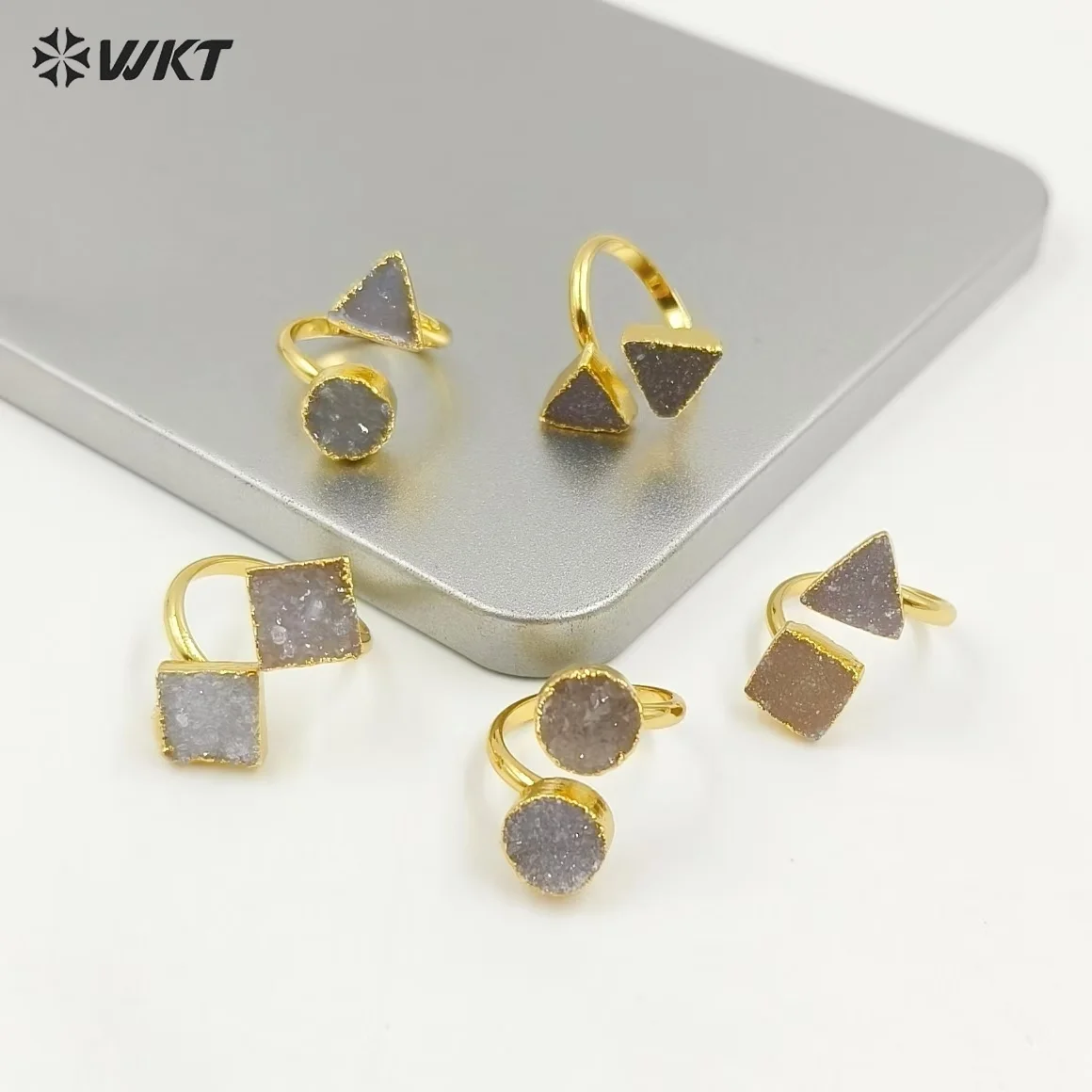 WT-R189 Wholesale Amazing Natural Double Stones Rings With Gold Electroplated Geometric Shape Elegant Women Jewelry Gift