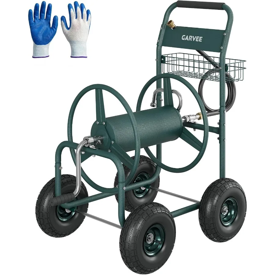 Garden Hose Reel Cart with Wheels, Heavy-Duty Steel, Black, Holds Up to 300 Feet of 5/8 Hose, Easy-Roll Mobility and Smooth Ret