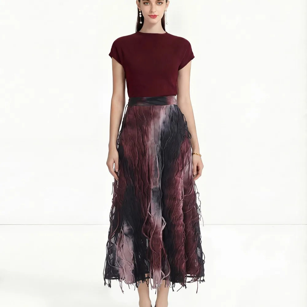 

Spring Summer 2026 Luxury mat Design adient Ombre Tassel Skirt Set Pure Cotton Red T-irt Women's Faion Ensemble