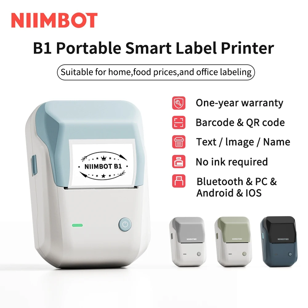 Niimbot B1 Label Printer Gift Roll Portable Handheld Thermal Printer Mini Barcode QR Code Sticker Paper Color Rolls Maker Cable