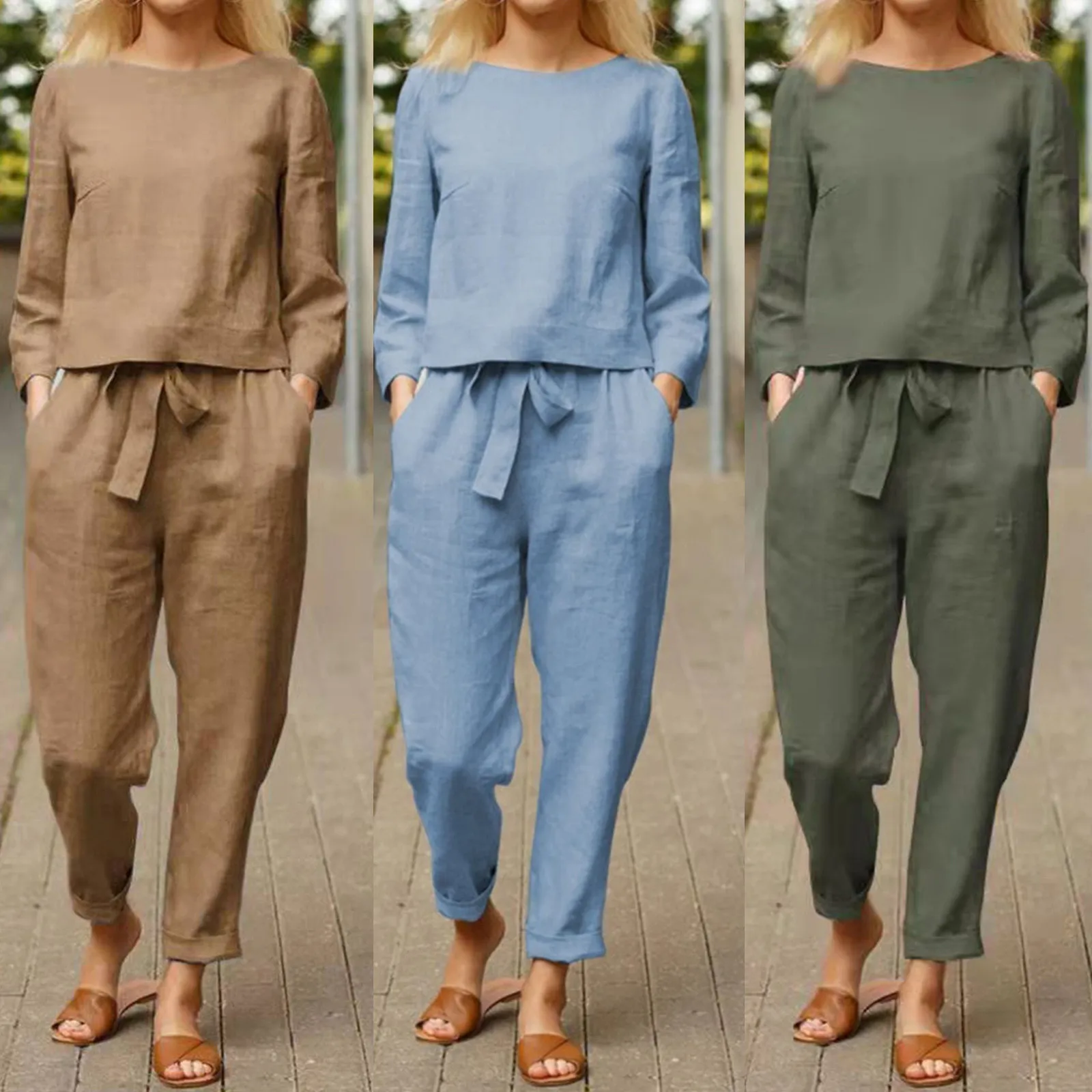 Women\'s Comfortable Loose Cotton Linen Suit Casual Vintage Solid Color Top And Drawstring Wide Leg Long Pants Two Piece Set