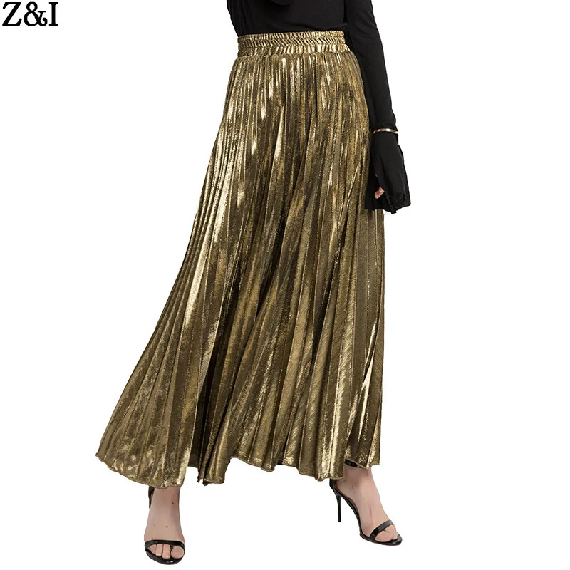 Women Skirt Pleated Bustle Skirt Temperament Long Skirt Fashion Big Size High Waist Big Swing Gold Beach Skirts For Female