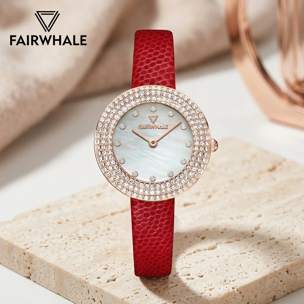 Fairwhale Ladies Quartz Watch Round Mother of Pearl Dial Double Layer Rhinestone Bezel Leather Strap Female Wristwatch