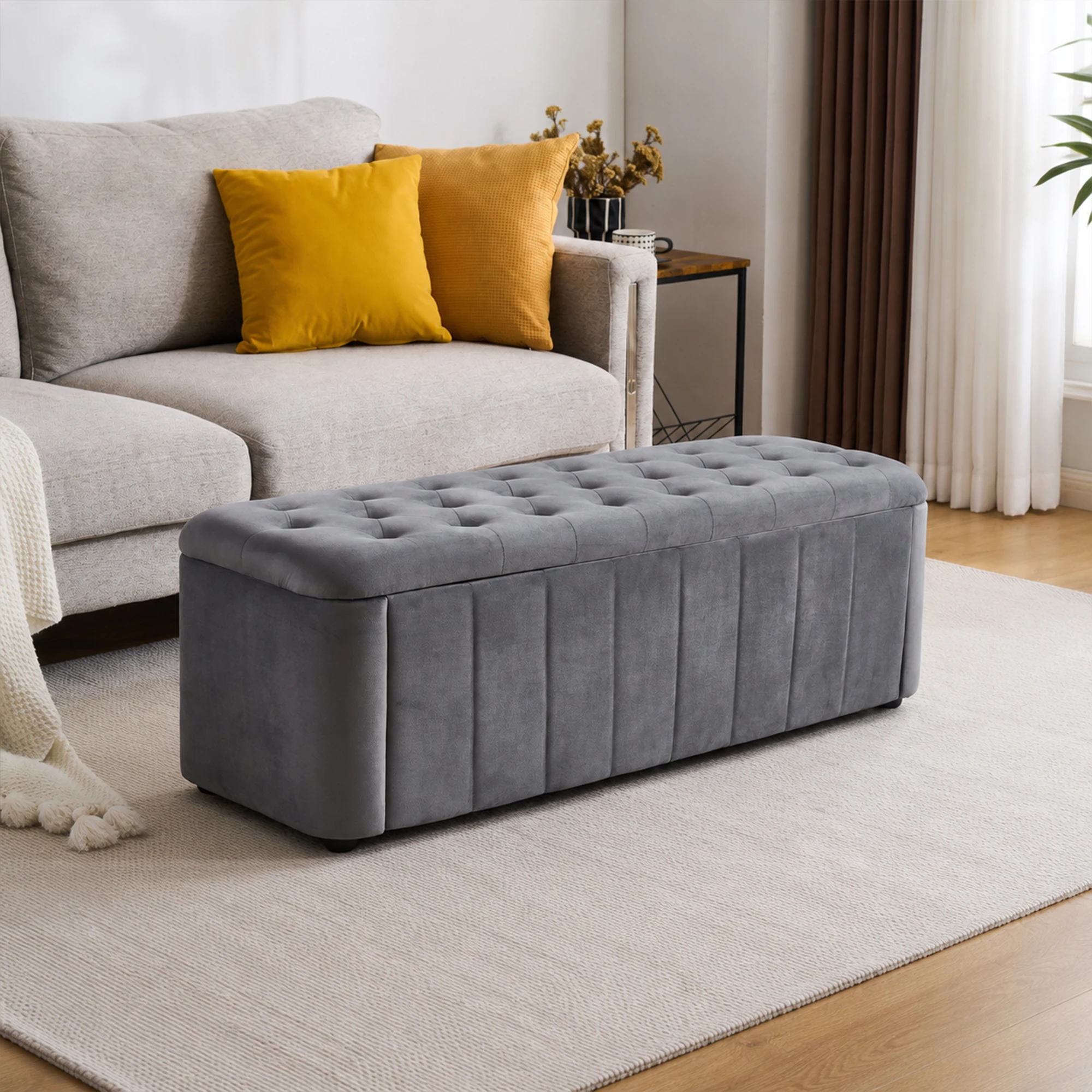 Banc de rangement en velours avec design capitonné, ottoman moderne rembourré aux coins arrondis, coffre de rangement rembourré pour salon, chambre à coucher, entrée