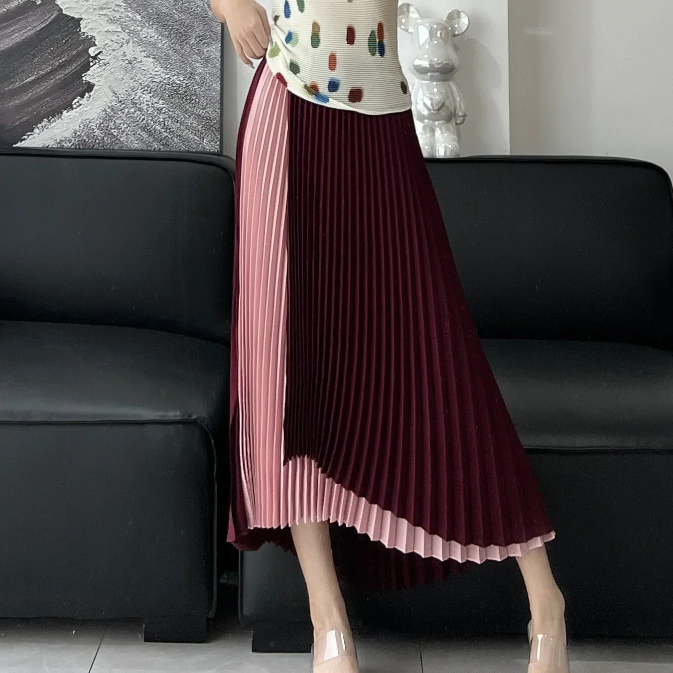 

ALSEY Pleated Collision Fashion Temperament Elegant Women's Semi-skirt Elastic Waist Blocking Printing Peplum Skirt 2024 Summer