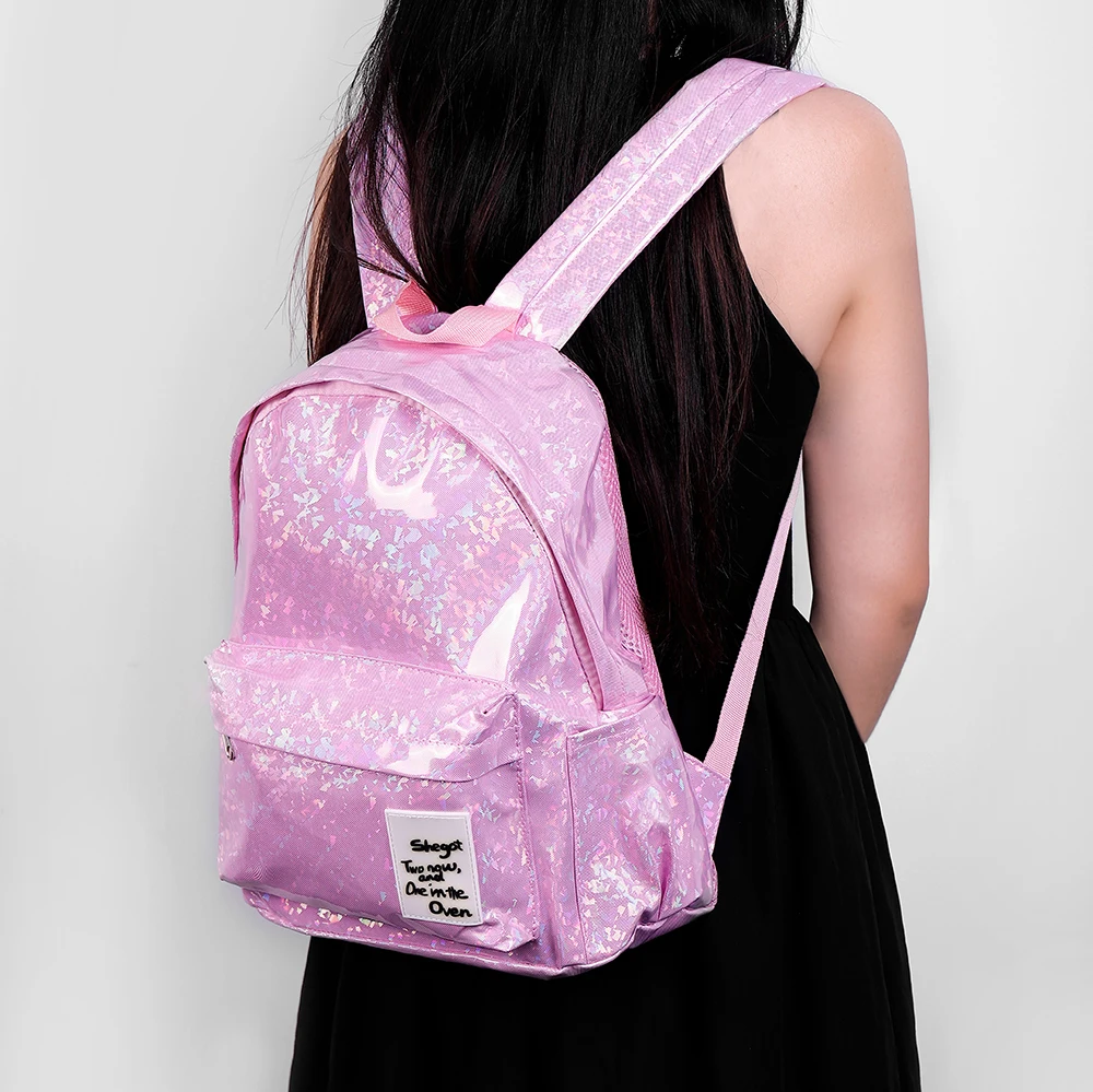 Mochila multibolsillo de lentejuelas rosas para mujer, bolsa de almacenamiento impermeable de gran capacidad versátil, a la moda para estudiantes