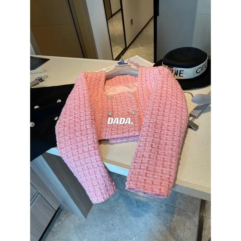 Pearl Buckle Shiny Silk Double Breasted Temperament Small Fragrant Style Pink Tweed Jackets Clothes Square Coat Cropped Top