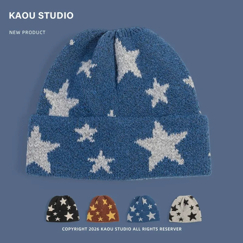 Vielseitige, trendige Strickmütze mit Sternmuster für Herren und Damen, ideal für Herbst und Winter, warm, für Outdoor-Aktivitäten, Ski- und Reitmütze, auch für größere Kopfumfänge geeignet. – Detail 1