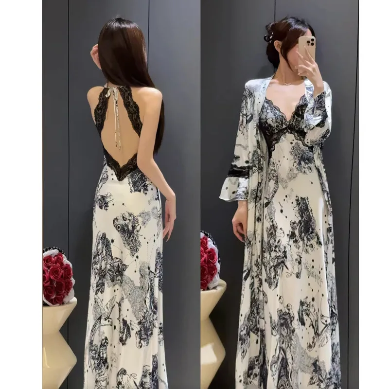 

Атласный халат с принтом, женский, с кружевной отделкой, кимоно, длинная ночная рубашка, осенне-весенний новый халат, интимное белье, домашняя одежда