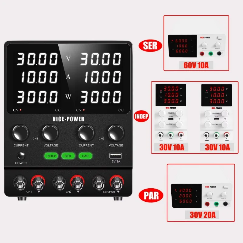 NICE POWER 30V 24V 10A Dual Output Battery Charger DC Power Supply 60V Adjust Regulator Switching Repair Charging SPS3010-2KD