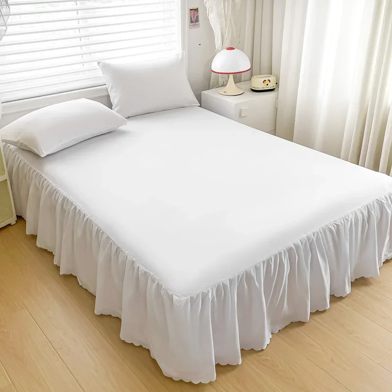 Solid White Bed Skirts Set Wrap Around Luxury Hotel Quality Fabric Bedroom Gathered Ruffle Decorative Bedding Mattress Protector