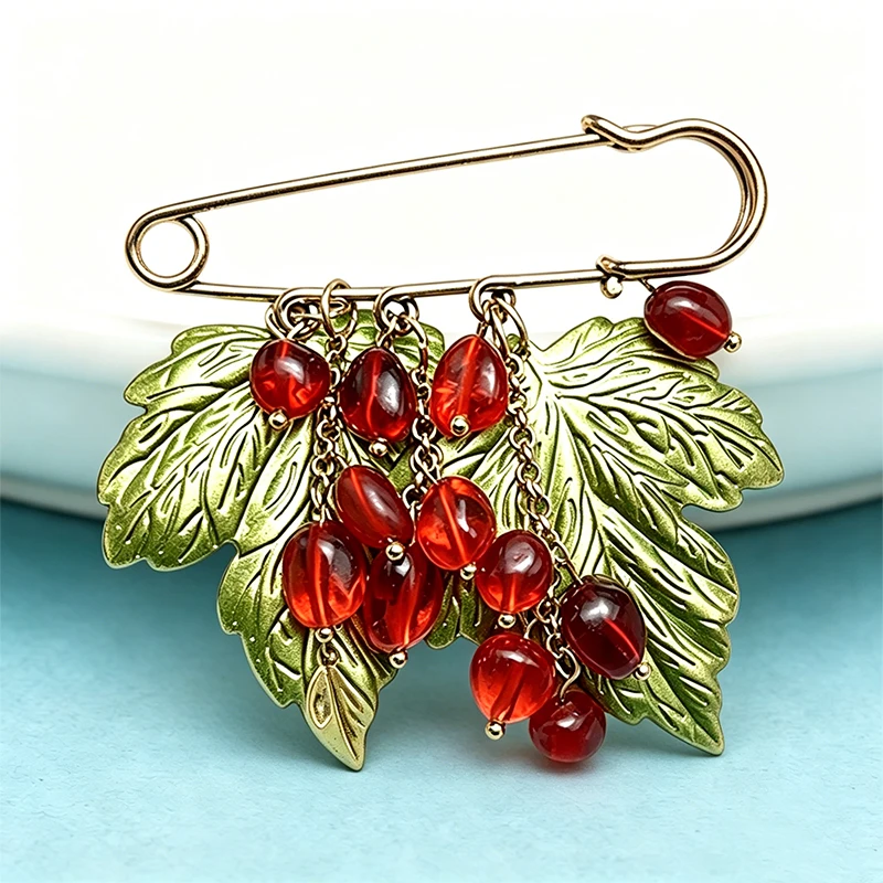 Wuli&baby Vintage Flower Brooch Pin For Women Red-beads Leaves Office Causal Brooches Pins Gifts