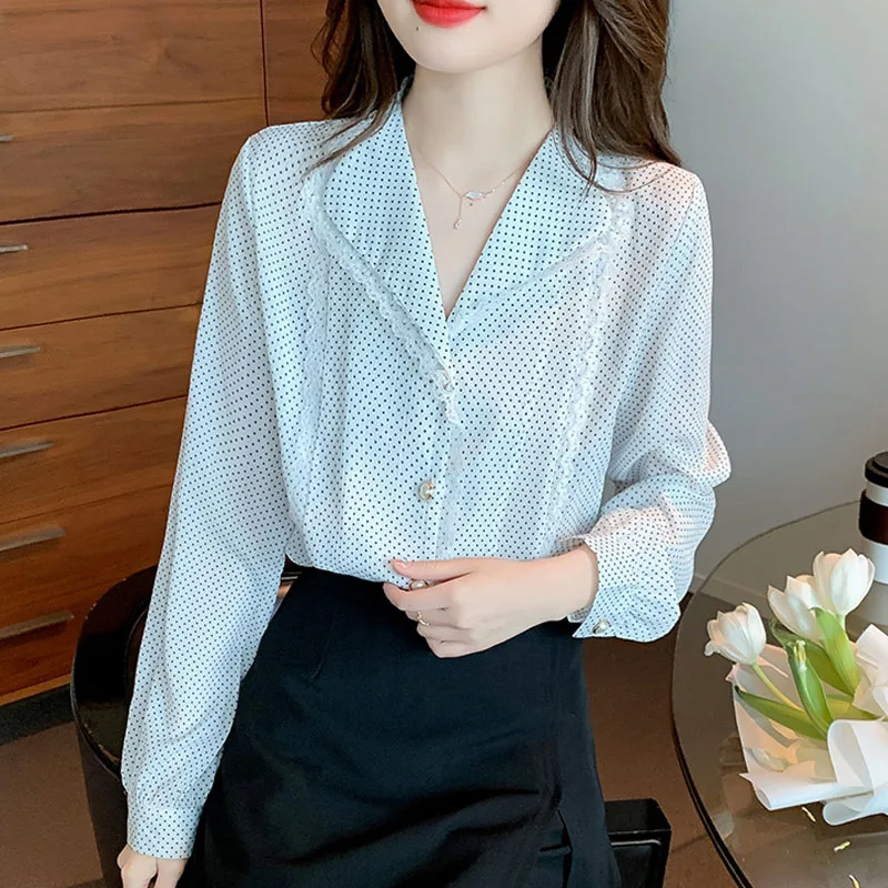 

Casual Long Sleeve V-Neck Women Shirt White Dot Chiffon Shirt Blouse Women Tops Blusas Para Mujer Shirts Blusa Camisas H382