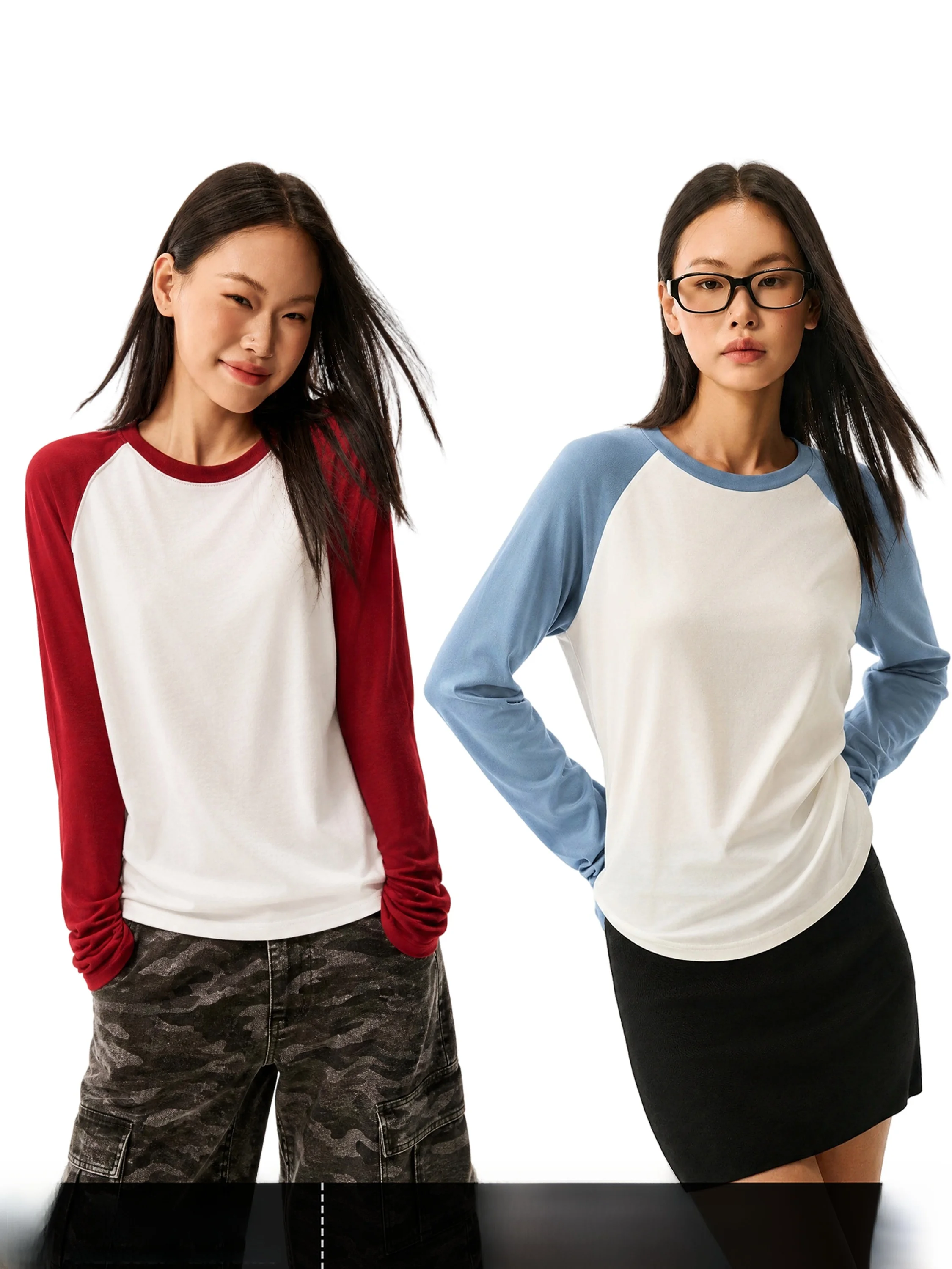 GOGO BURN Color Block Long Sleeve round Neck T-Shirt Women's Slim Fit Casual Style Fashionable Versatile Basic Short Length