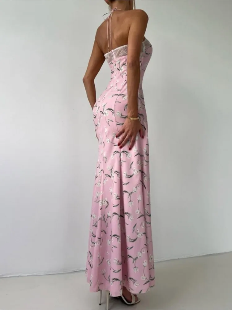 Sommer Blumendruck Maxikleid Outfits Sexy Rückenfrei Fee Sonne Spaghettiträger Kleid Urlaub Beachwear Vestido Coquette