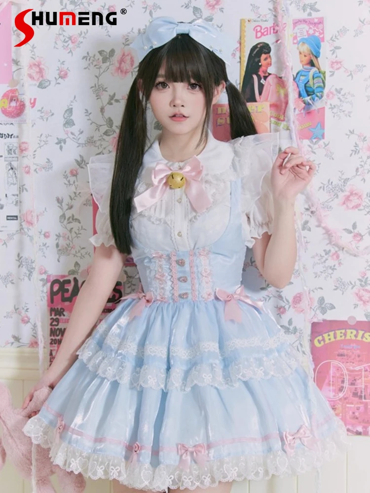 

Dear Dolls Original Japanese Sweet Flying Sleeve Strap Skirt High Waist Heart Diamond Bowknot Versatile Puffy Lolita Skirt Women