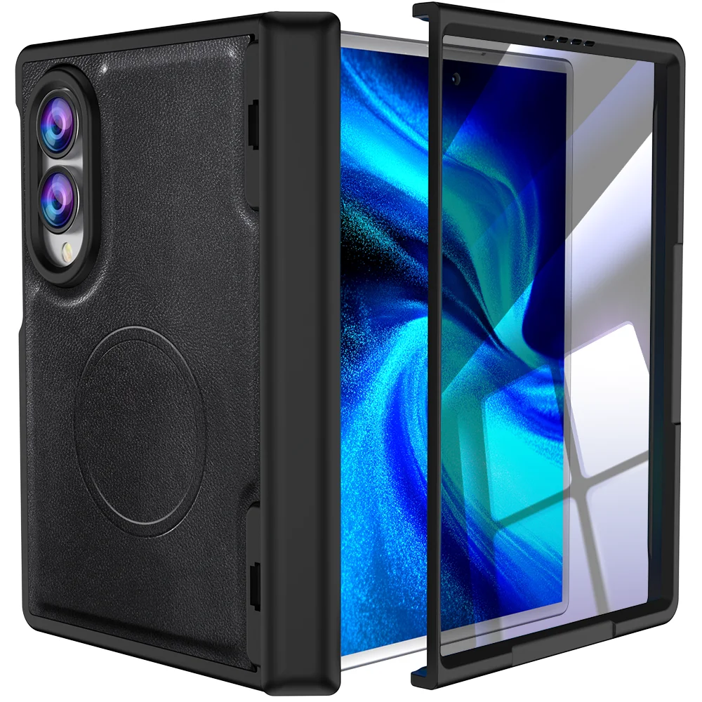 For Samsung Galaxy Z Fold 8 Wide Case Luxury Matte Leather Magnetic Wireless Chargingv Hinge With Tempered Film Shockproof Cover