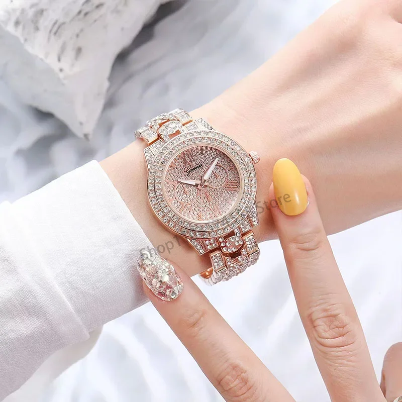 

Hot style Geneva steel band diamond inlaid men's watch full sky star three eye Roman rhinestone quartz women's watch