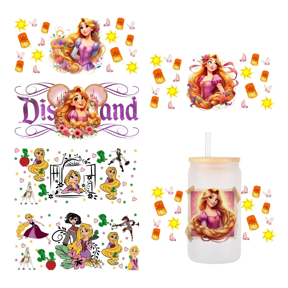 Disney-Princess Tangled UV Dtf Manquetas para tazas, Adesivos Descartáveis Resistentes à Abrasão, 16oz